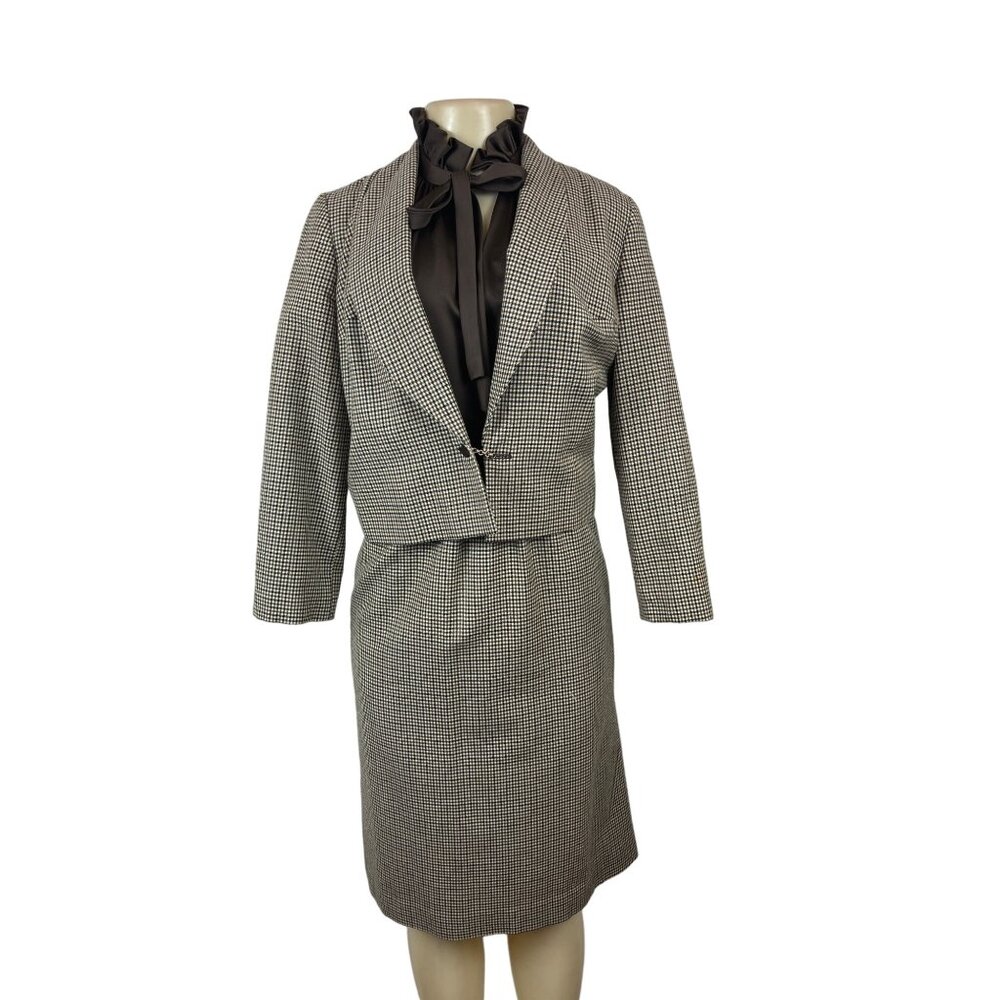 Vintage Marion McCoy Women's Houndstooth Skirt Suit With Ruffled Blouse & Jacket